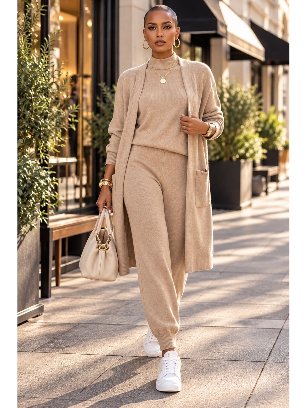 3 Piece Neutral Knit Elevated Loungewear Travel Capsule Wardrobe Set-Size Small